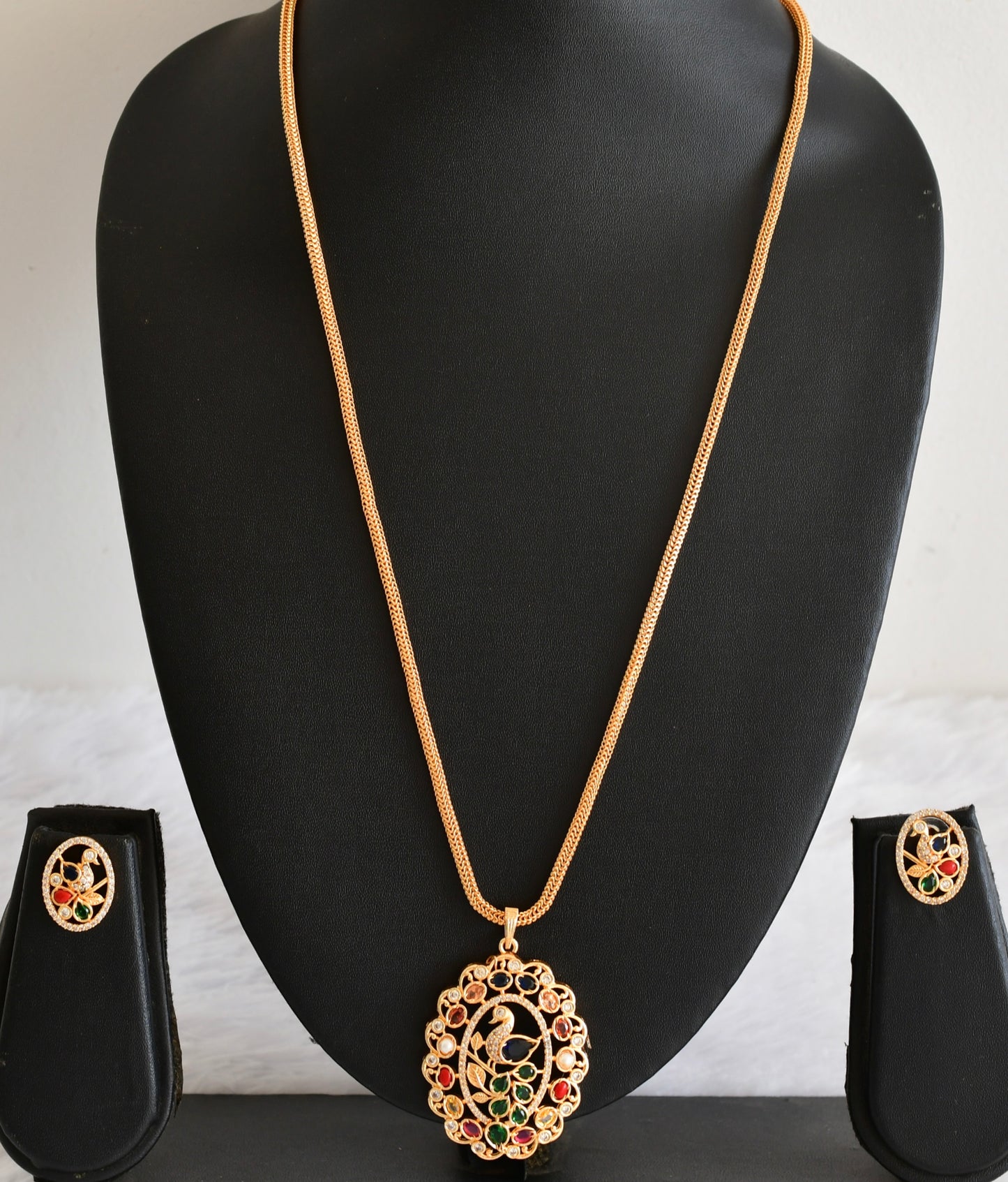 Gold tone 24 inches chain with cz peacock navarathna pendant set dj-53315