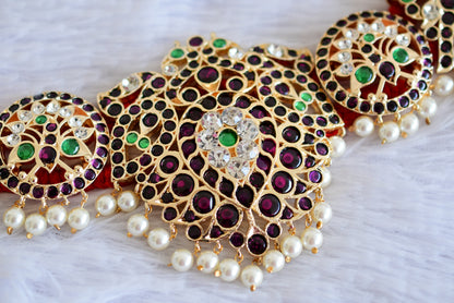 Gold tone precious kemp-green pearl peacock waist band dj-52540