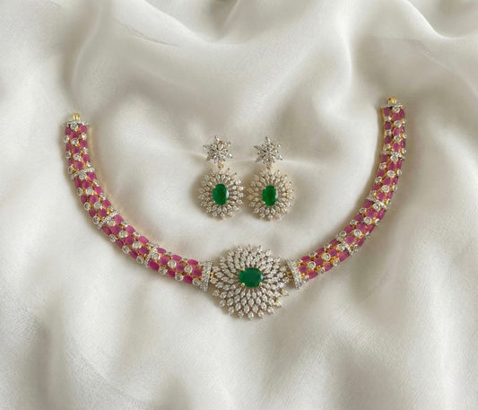 Two tone cz ruby-green flower necklace set dj-47745