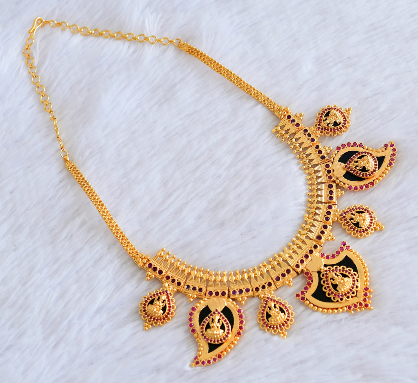 Gold tone kerala style lakshmi pink stone big mango-palakka necklace dj-53085