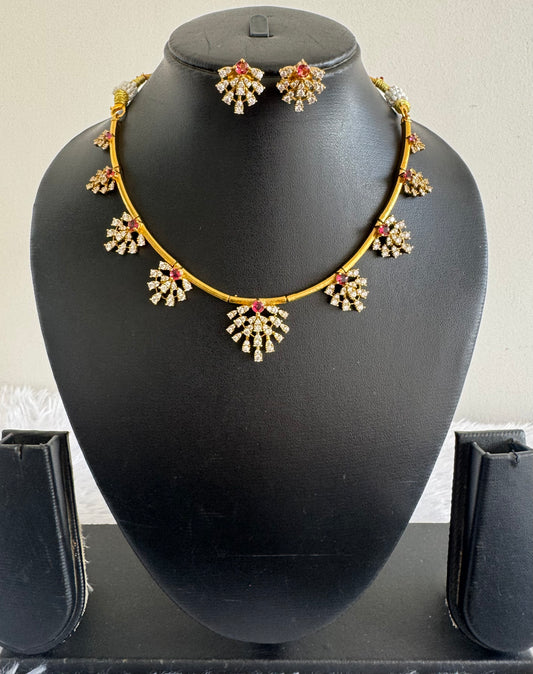 Matte finish cz white-magenta pink kanti necklace set dj-52117