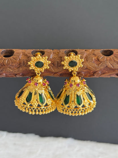 Gold tone pink-green Nagapadam Kerala style 8 petal jhumkka dj-40301