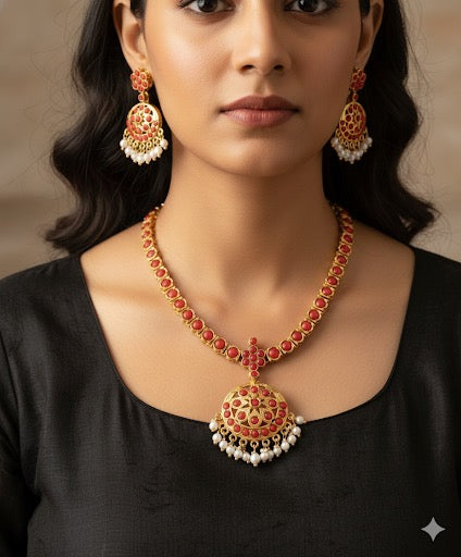 Gold Tone Coral South Indian Style Attigai/Necklace Set DJ18306