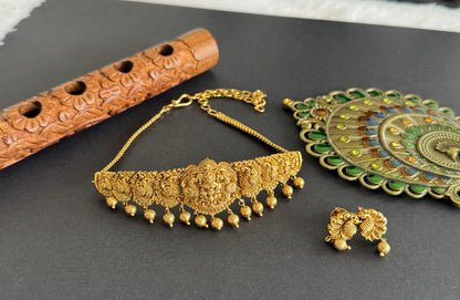 Antique gold tone Nakshi lakshmi peacock choker necklace set dj-52142