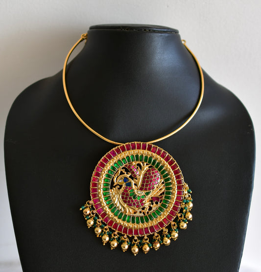Antique gold tone pink-green kundan jadau big annapakshi pendant hasli necklace dj-52599