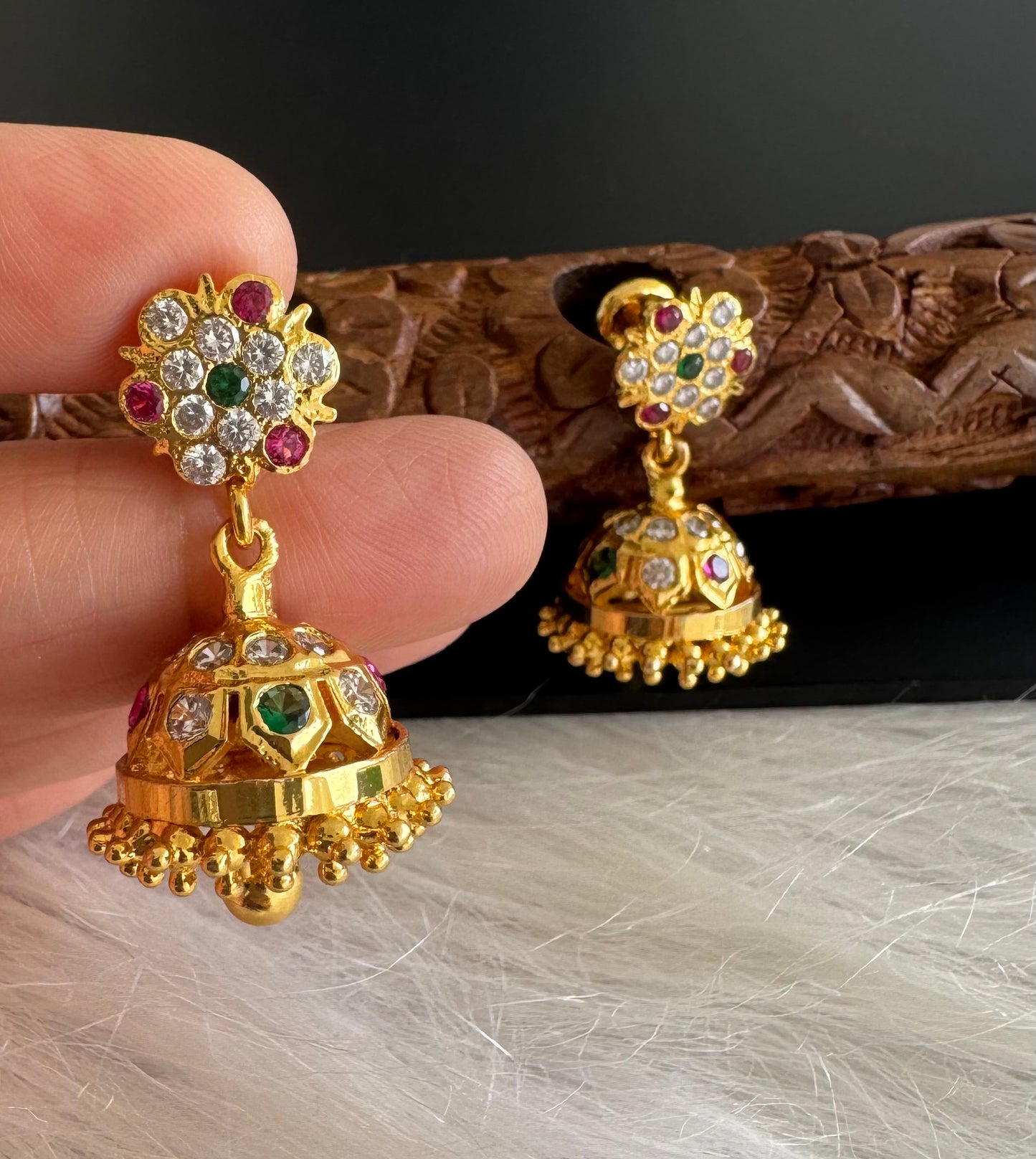 Gold tone ad pink-green-white south indian flower jhumkka dj-51284