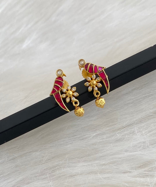 Gold tone pink-white stone kundan jadau bird earrings dj-54784