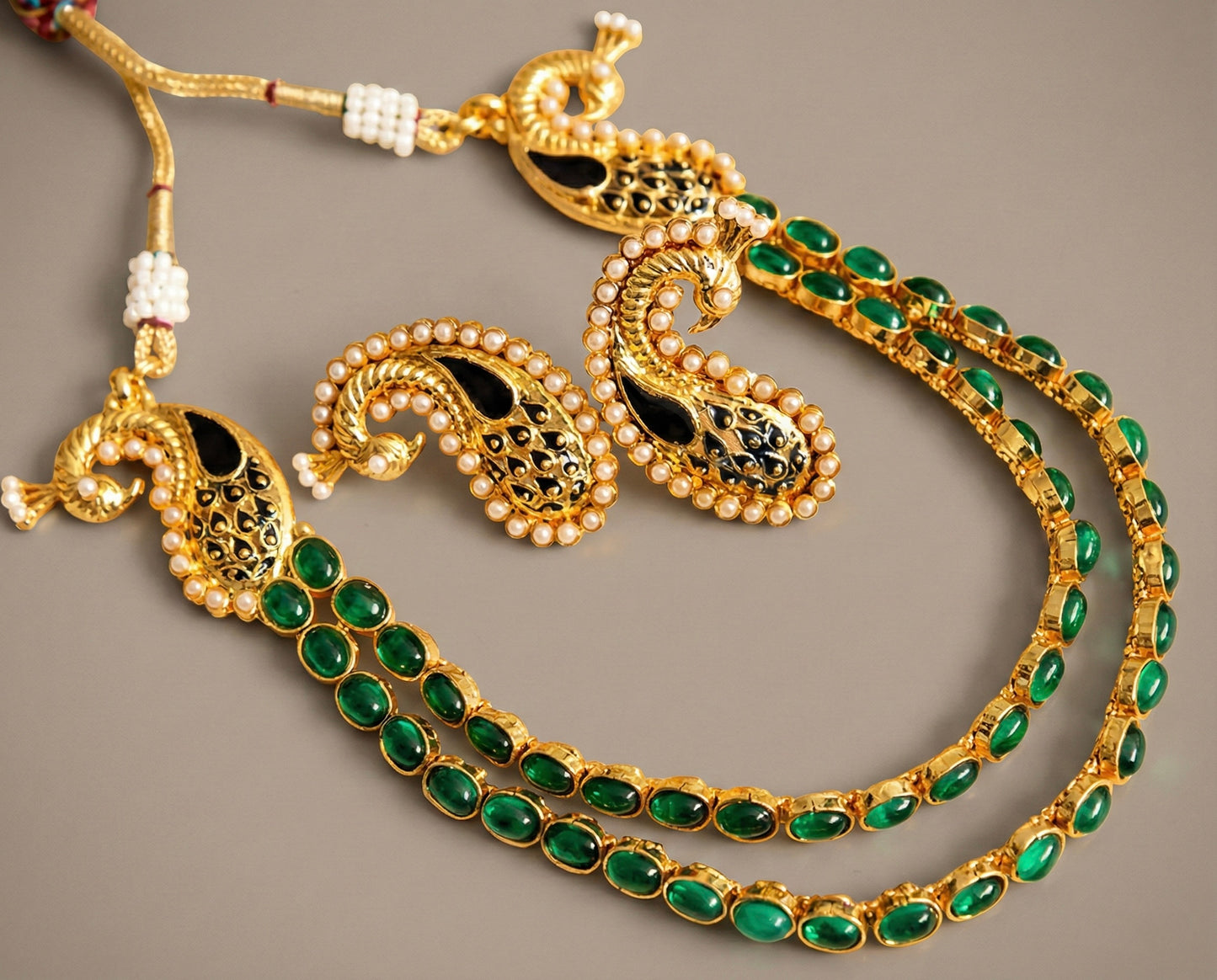 Antique gold tone double layer green mango necklace set - DJ16684