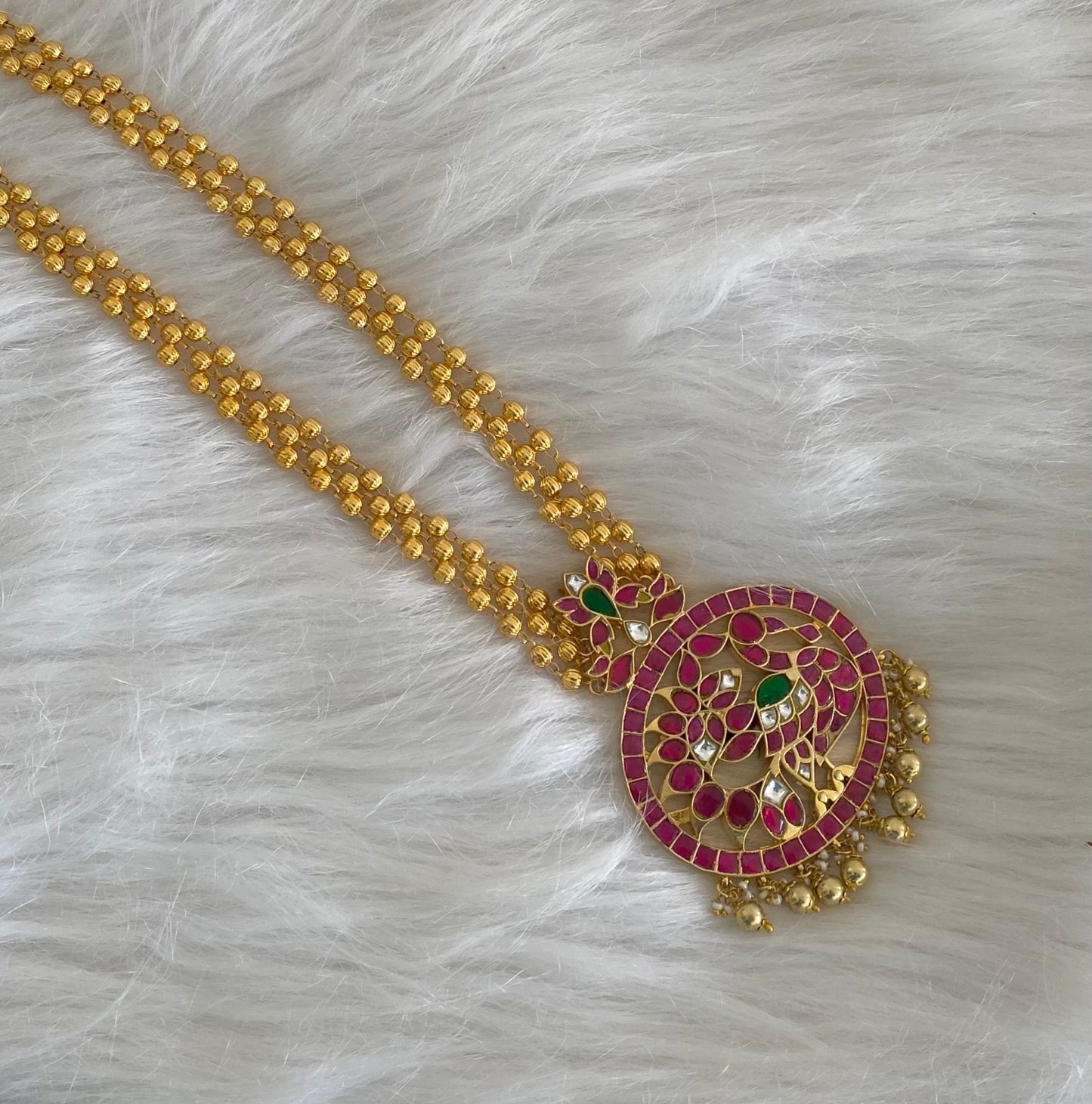 Gold tone pink-green-white kundan jadau swan necklace dj-54517