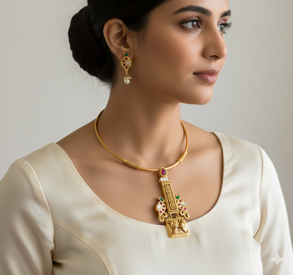 Antique gold tone pink-green peacock jadau hasli necklace set dj-51834