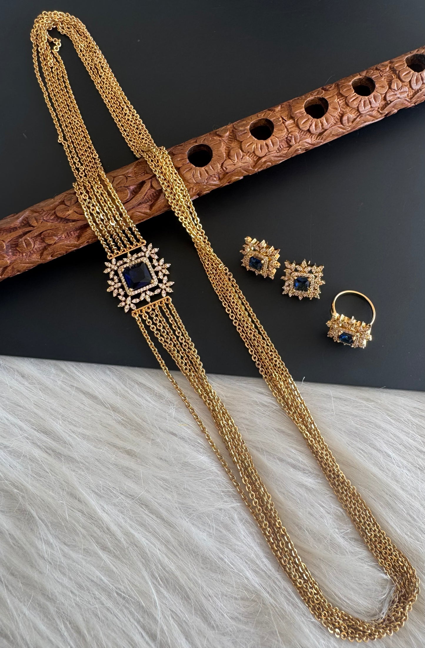 Matte finish cz blue block stone mugappu chandra haar set dj-51245