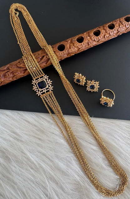 Matte finish cz blue block stone mugappu chandra haar set dj-51245