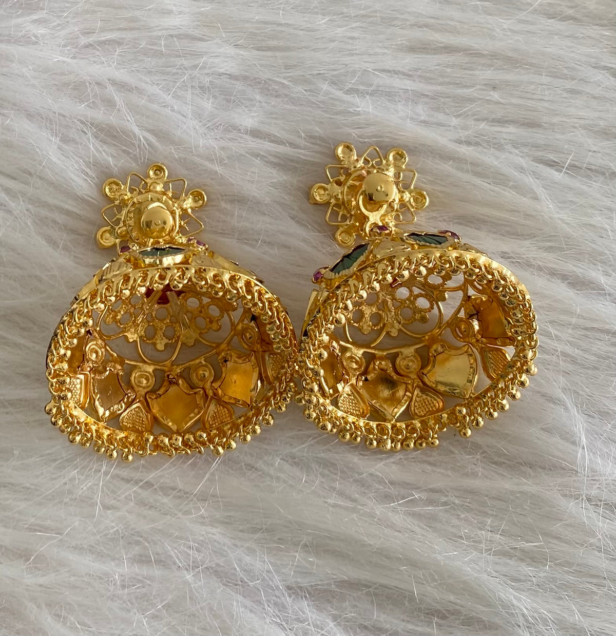 Gold Tone Pink-green 8 petal Big Palakka Jhumkka DJ27041