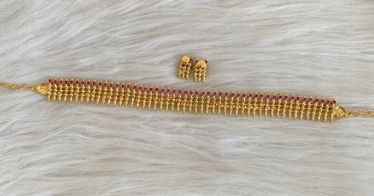 Gold tone AD ruby stone elakka thali choker necklace set dj-55024