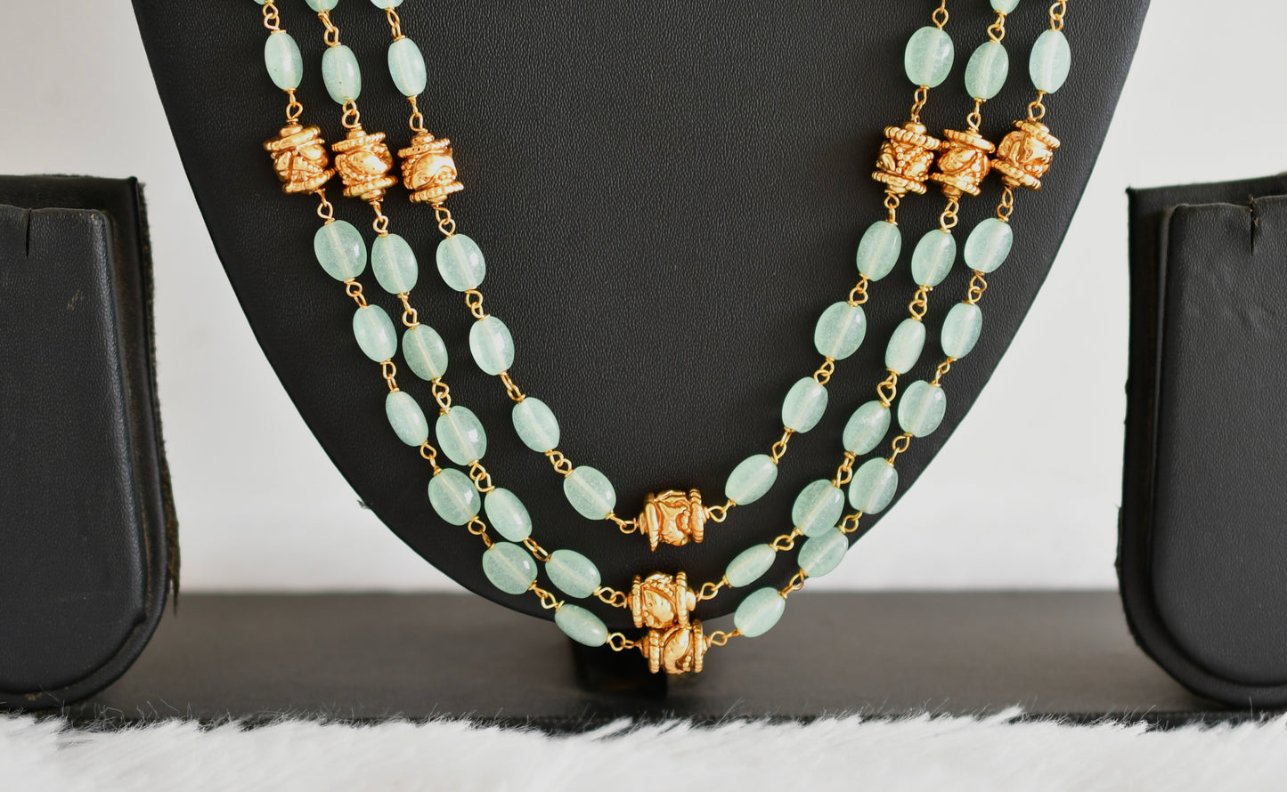 Antique gold tone sea green beaded lakshmi peacock multi layer haar set dj-52428