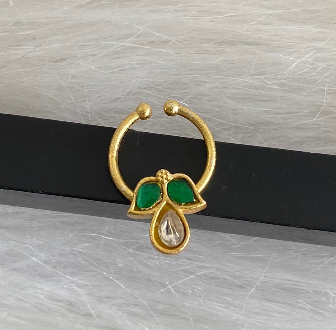 Gold tone kundan jadau green-white stone nose pin/bulakku dj-53770