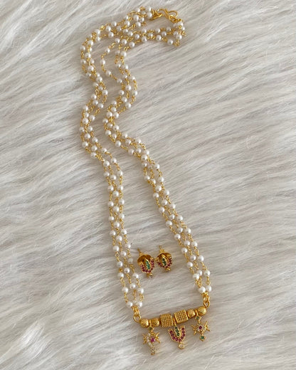 Gold tone ruby-green-white stone shanku-chakra-nama pearl chain set dj-54010