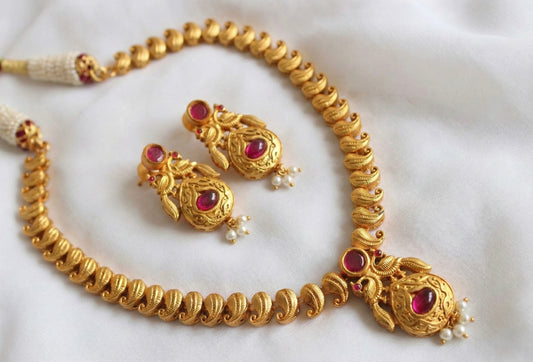 Matte finish ruby peacock mango necklace with screw back earrings -dj13301
