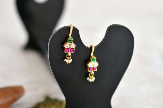 Gold tone pink-green-white kundan jadau bugadi earrings dj-52488