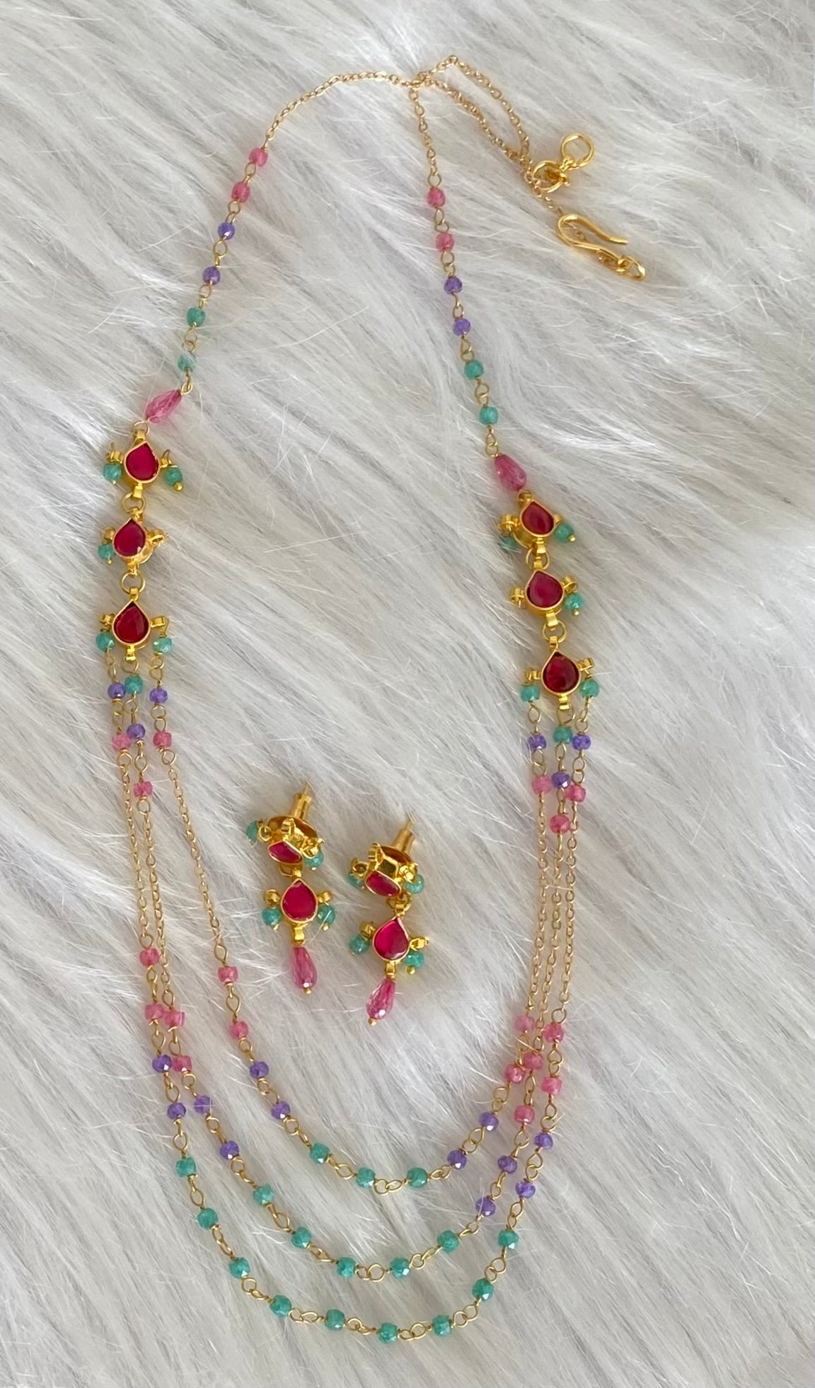 Antique gold tone pink stone beaded multi layer necklace set dj-54175