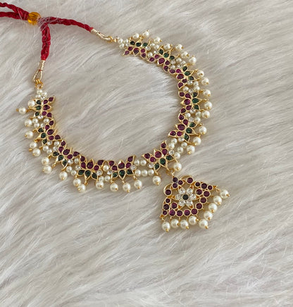 Gold tone precious kemp-green-white pearl lotus necklace dj-54715