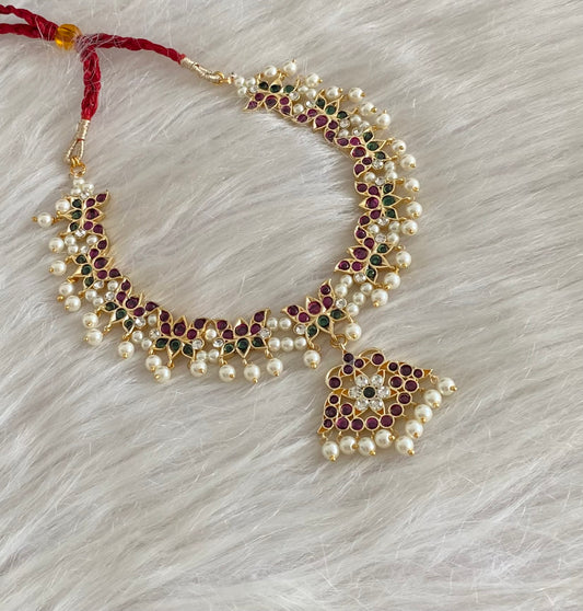 Gold tone precious kemp-green-white pearl lotus necklace dj-54715