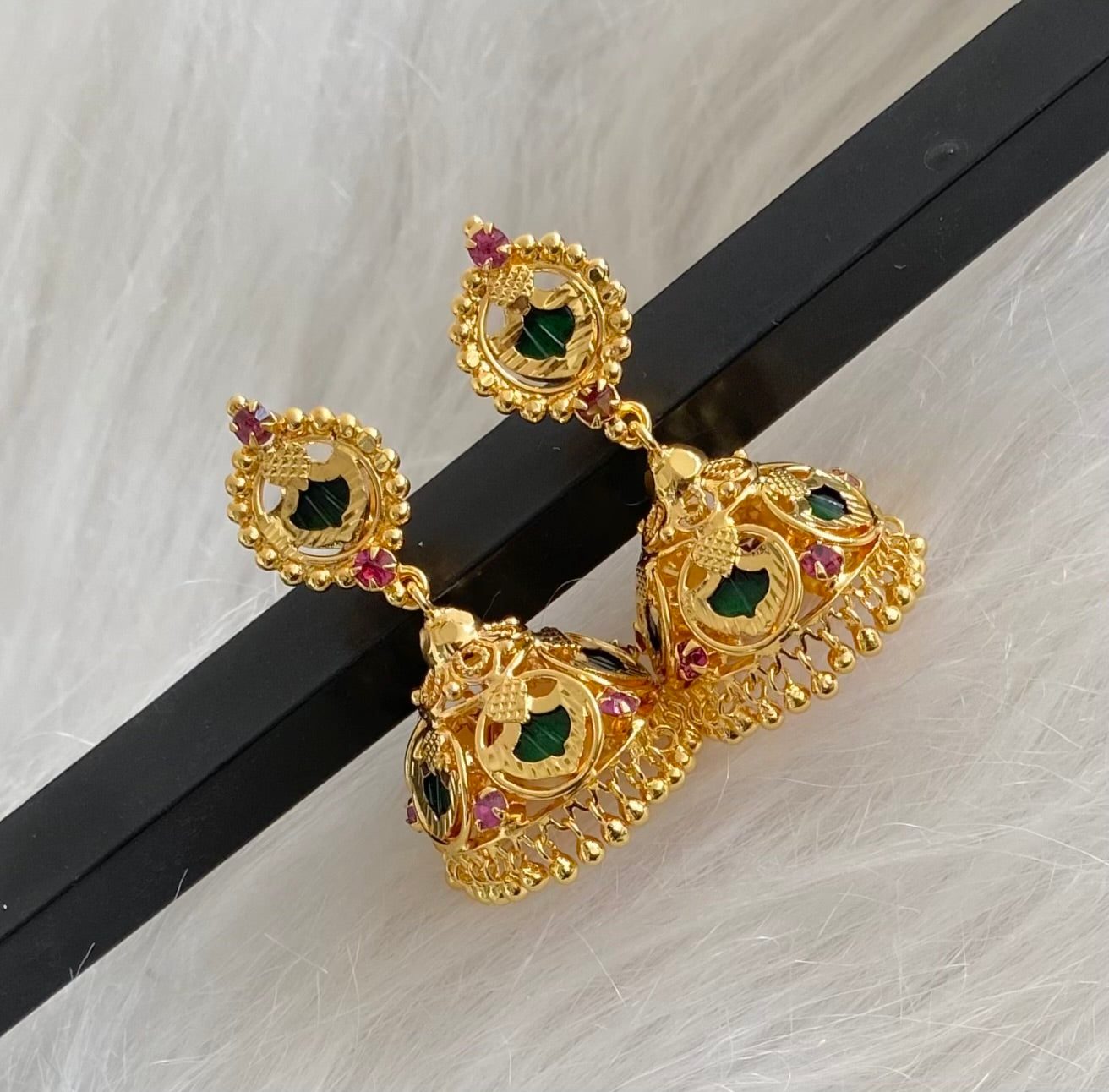 Gold tone kerala style pink-green 5 petals of palakka jhumkka dj-54304