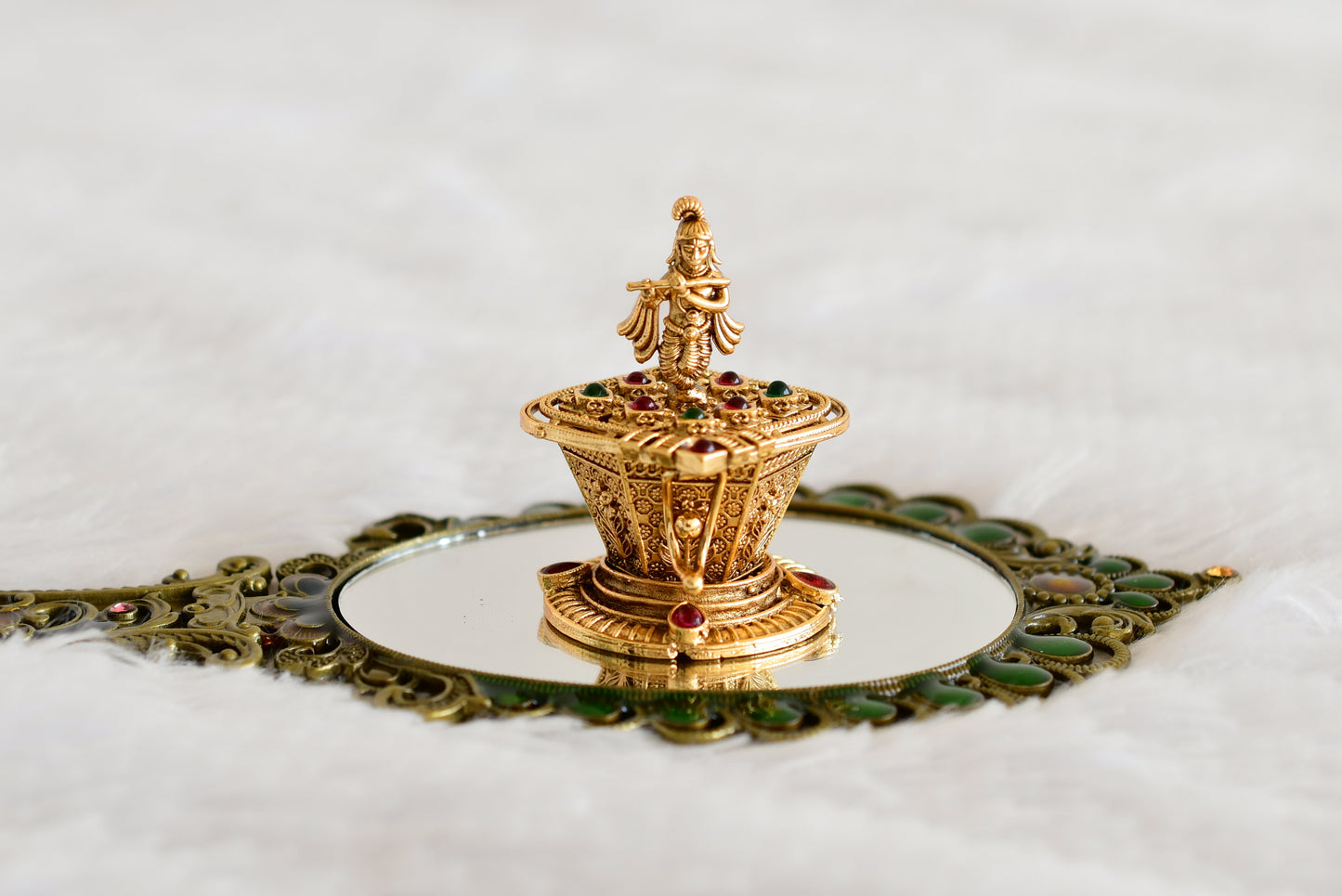 Antique gold tone kemp-green Shri Krishna kumkum box dj-52315