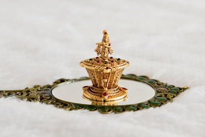 Antique gold tone kemp-green Shri Krishna kumkum box dj-52315