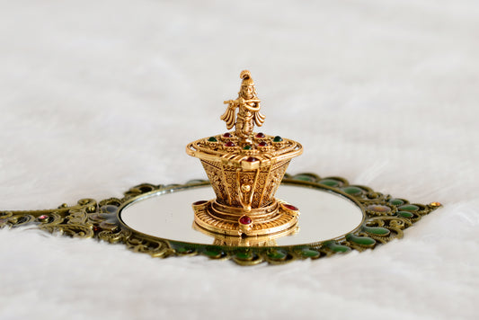 Antique gold tone kemp-green Shri Krishna kumkum box dj-52315