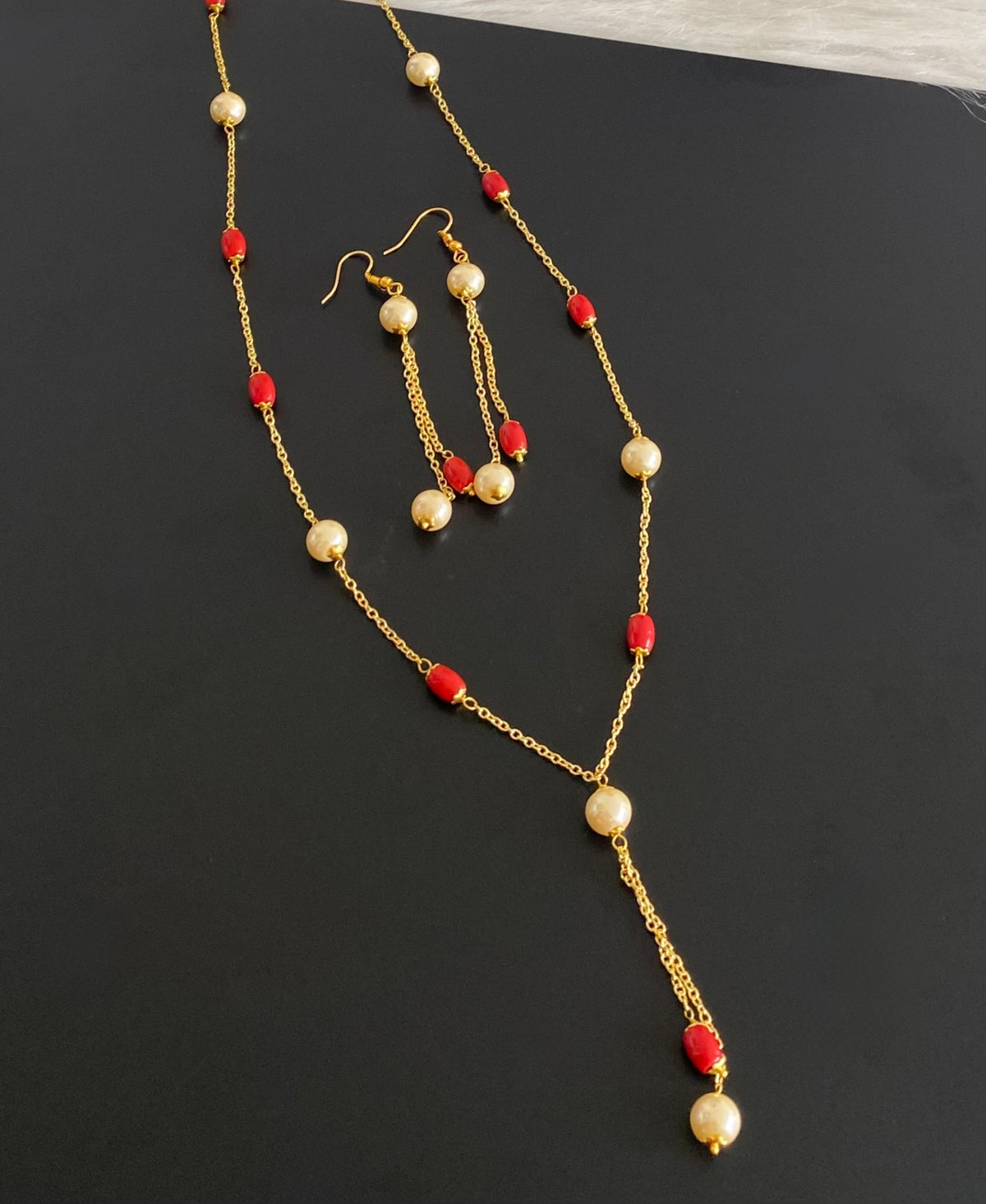 Gold tone coral-pearl necklace set dj-54986
