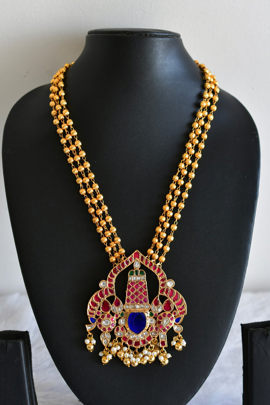Gold tone pink-blue-green kundan jadau Shri Thirumal necklace dj-52571