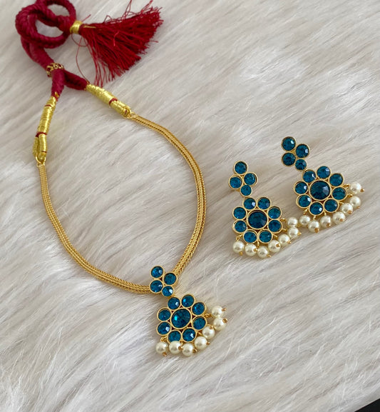 Gold tone AD cerulean blue stone pearl attigai flower necklace set dj-55140