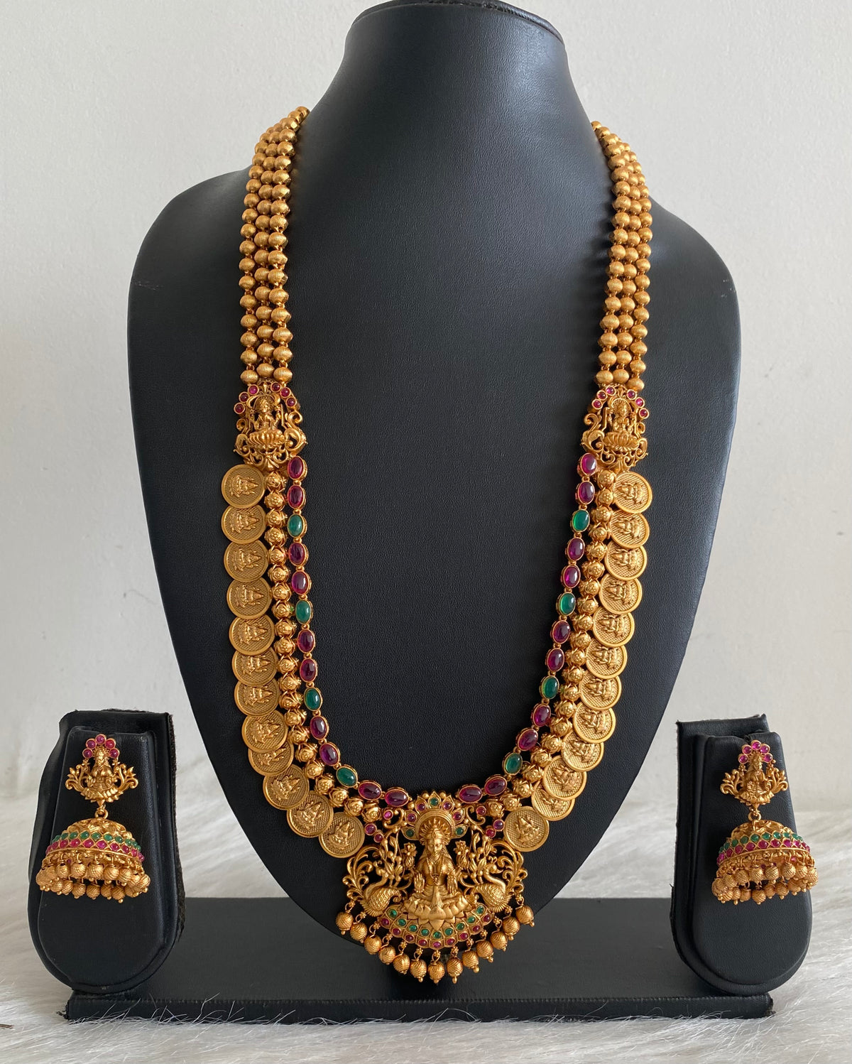 Matte finish kemp-green lakshmi coin haar set dj-54997