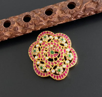 Gold tone pink-green-white kundan jadau peacock flower pendant dj-54172