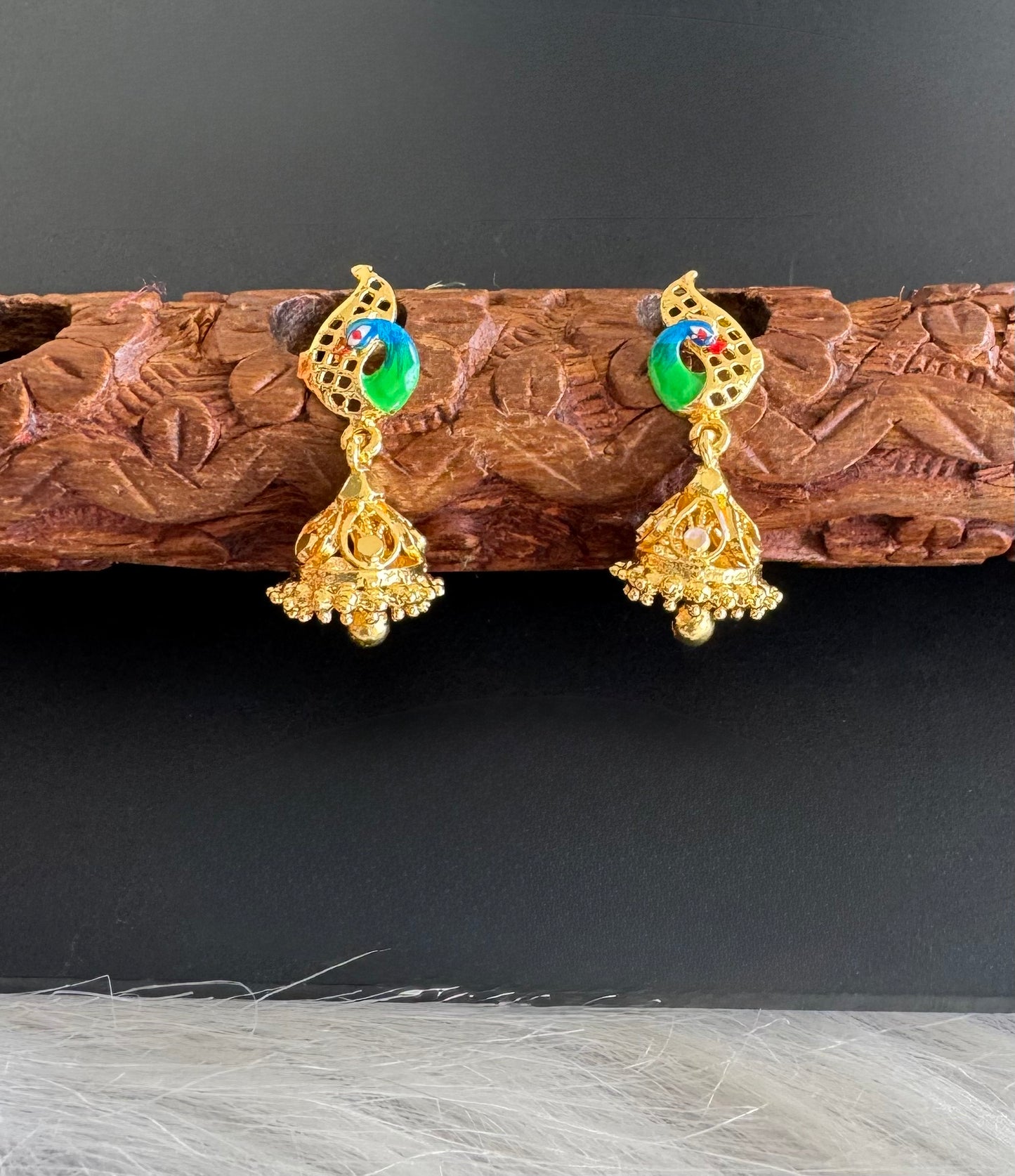 Gold tone blue-green small enamel peacock jhumkka dj-51290