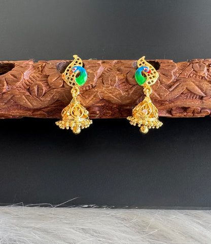 Gold tone blue-green small enamel peacock jhumkka dj-51290