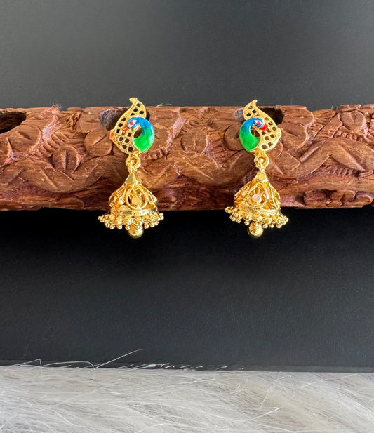 Gold tone blue-green small enamel peacock jhumkka dj-51290