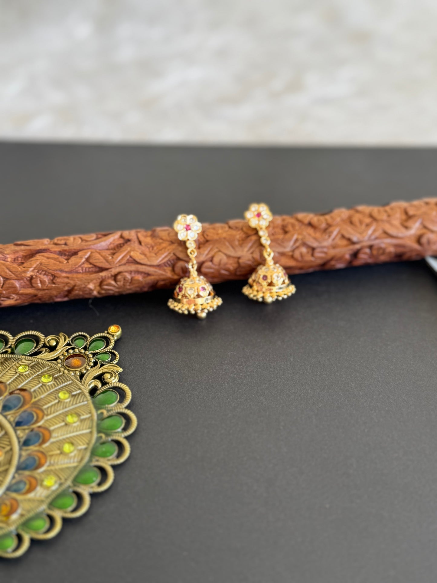 Gold tone ad pink-white south indian flower jhumkka dj-52243