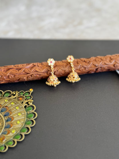 Gold tone ad pink-white south indian flower jhumkka dj-52243