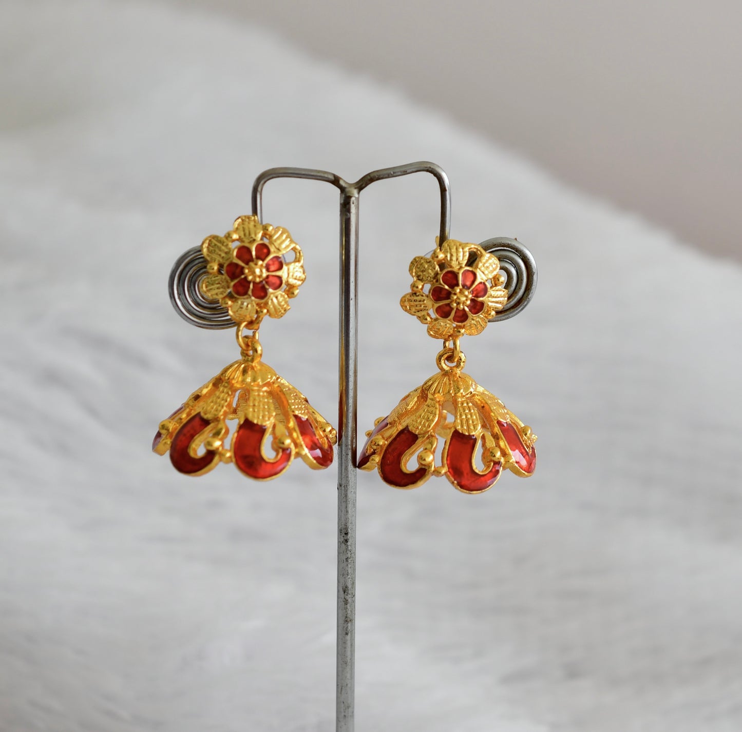 Gold tone red flower enamel jhumkka dj-52362