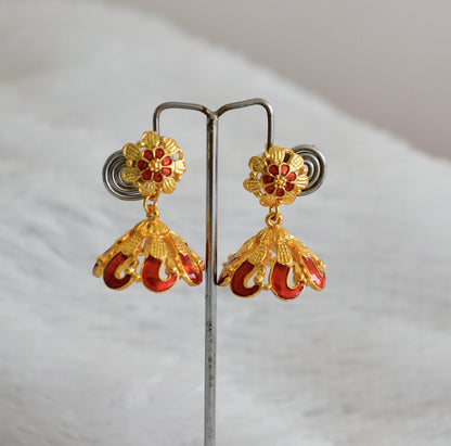 Gold tone red flower enamel jhumkka dj-52362
