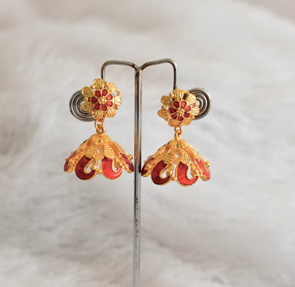 Gold tone red flower enamel jhumkka dj-52362