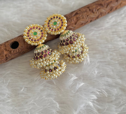 Gold tone precious kemp-green-white stone pearl big step jhumkka dj-51394