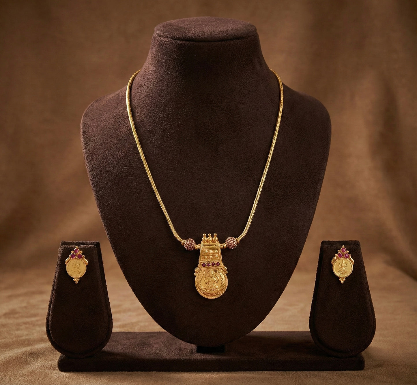 Gold tone kerala style ruby lakshmi coin necklace set dj-52688