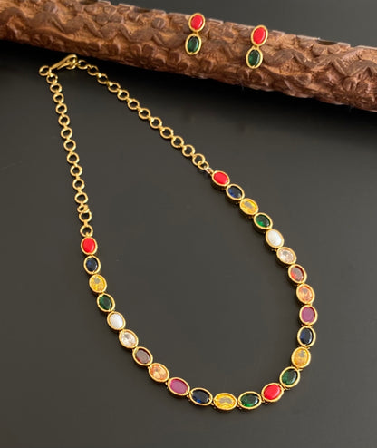 Antique gold tone navarathna oval stone necklace set dj-54080