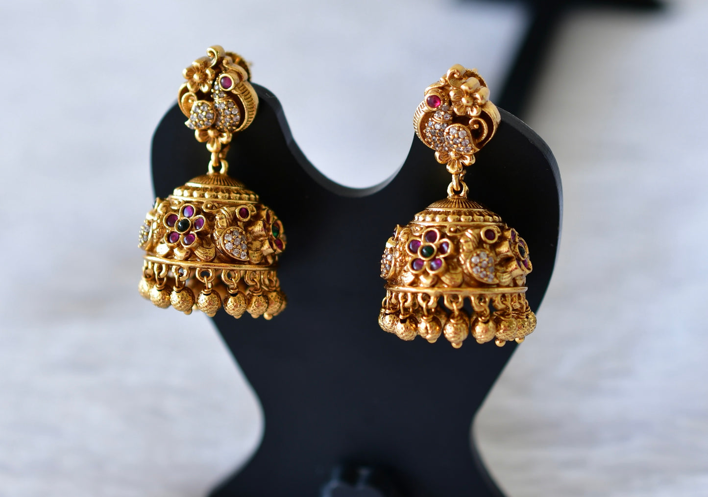 Antique gold tone kemp-green peacock jhumkka dj-51933
