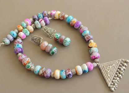 Silver tone multicolor onyx beaded necklace set DJ27931