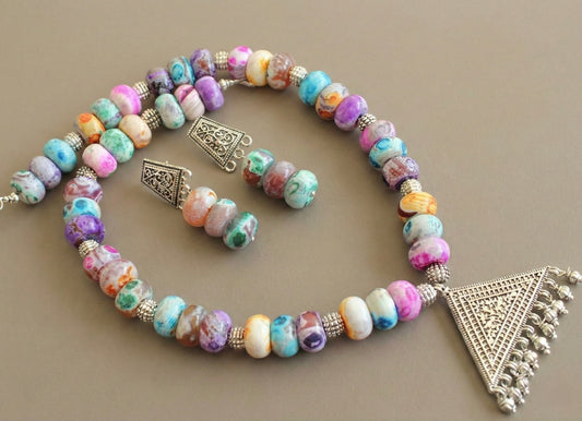Silver tone multicolor onyx beaded necklace set DJ27931