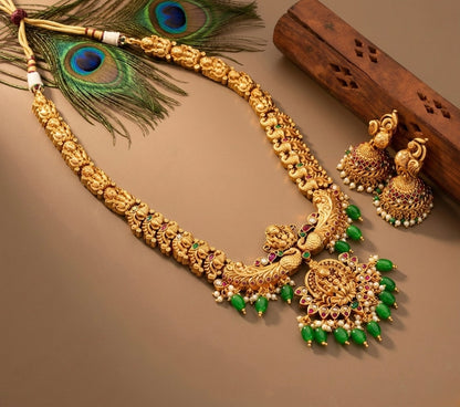 Matte finish kemp-green lakshmi-peacock haar set dj-34285